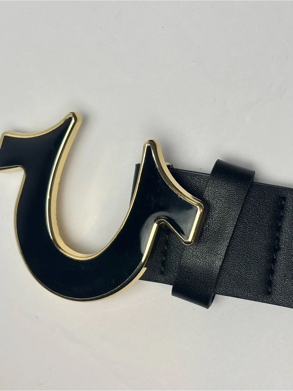 True Religion Black Leather Belt with Gold-Trim Signature Buckle